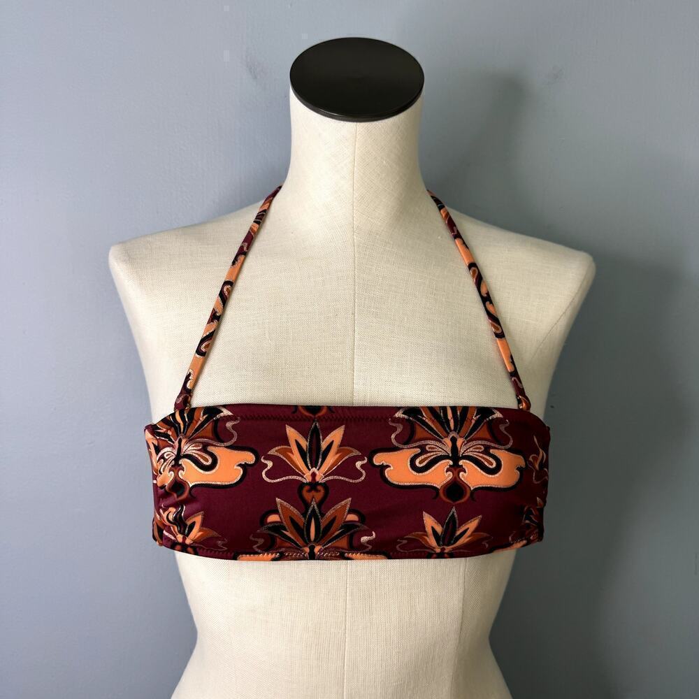 H&M Lotus Flower Bandeau Bikini Top with Removable Strap Burgundy Gold Size 2
